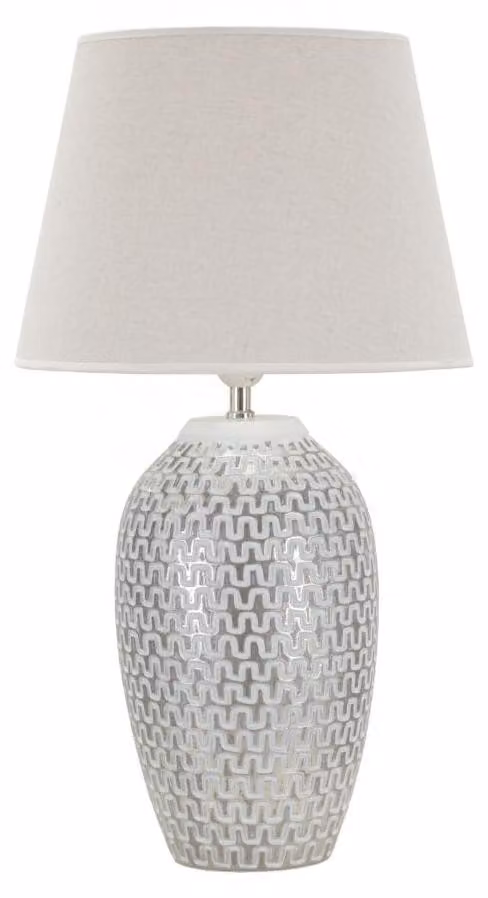 Lampada da Tavolo Resina Wave Ø35x65 cm in Resina e Ferro e Tessuto Argento e Bianco