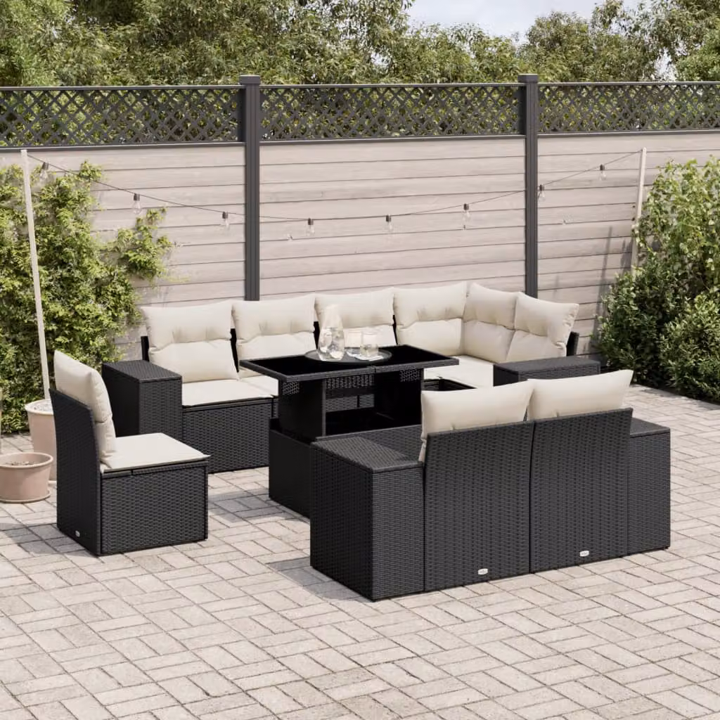 vidaXL Set Divani da Giardino a L 9 pz in Polyrattan Nero con Cuscini e Tavolino da Esterno – 1
