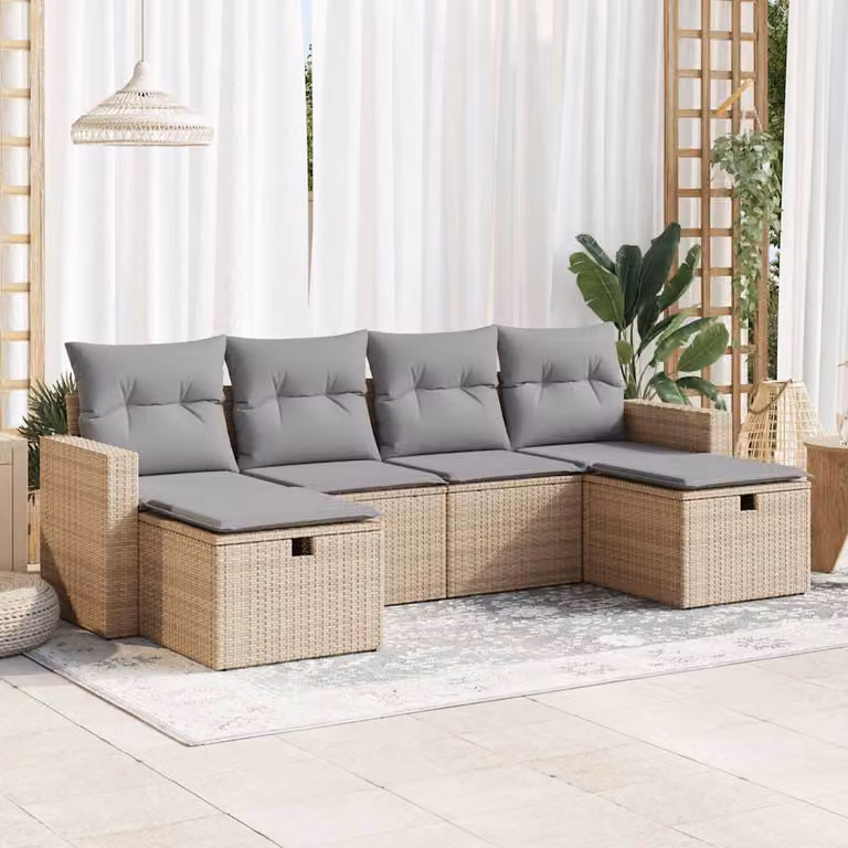 Set Divano da Giardino a L vidaXL in Polyrattan con Cuscini Beige e Struttura in Metallo, 6 Pezzi