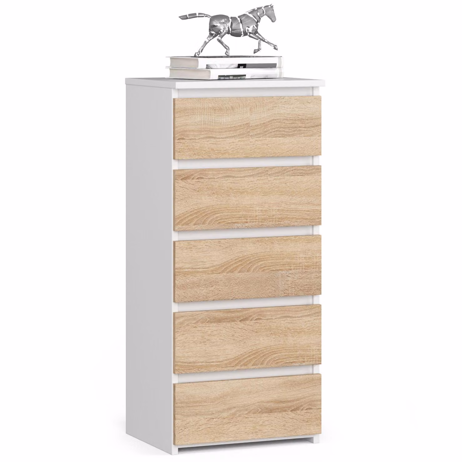 Comò 40 cm in bianco rovere sonoma con 5 cassetti per camera da letto e cameretta