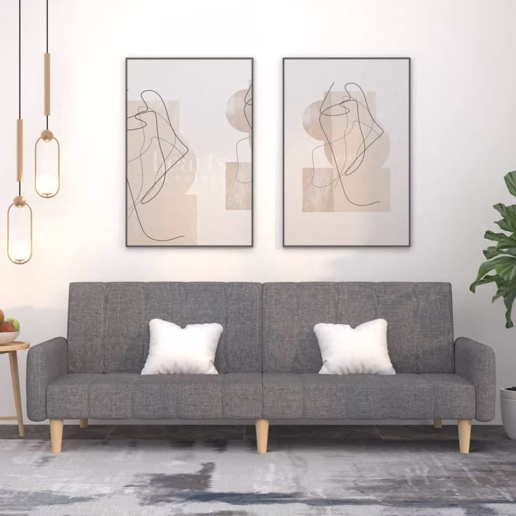 Divano letto 2 posti, colore grigio chiaro, rivestito in tessuto, modello esclusivo