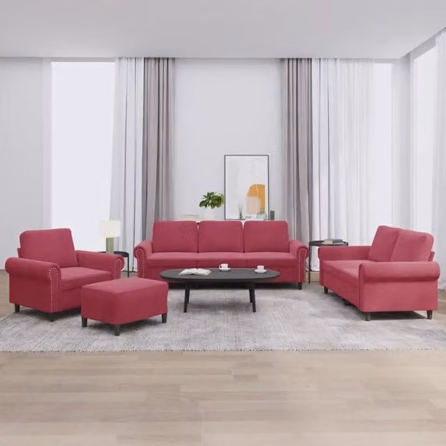Set di divani moderno vidaXL in velluto rosso composto da un divano a 3 posti, un divano a 2 posti, un pouf e cuscini coordinati – 1