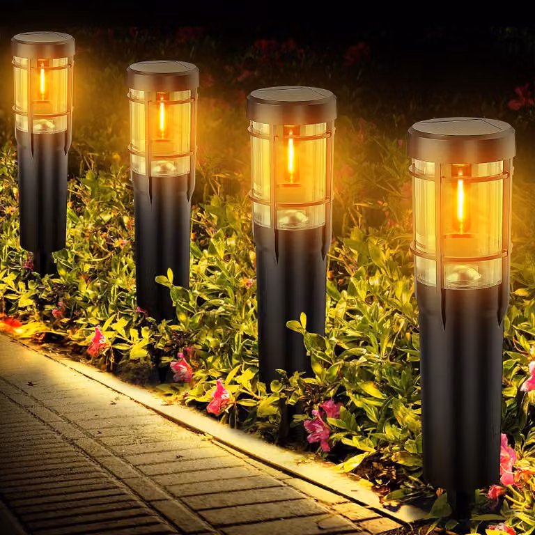 Set di 4 luci solari a LED, luce bianco caldo, grado di protezione IP65, adatte per giardino e vialetto