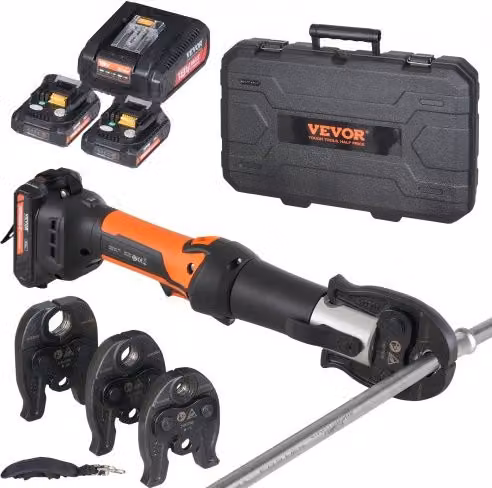 VEVOR Kit di Utensili per Pressatura Elettrica con 2 Batterie da 18 V 2,0 Ah, Caricabatterie Rapido e Custodia, Colore Arancione