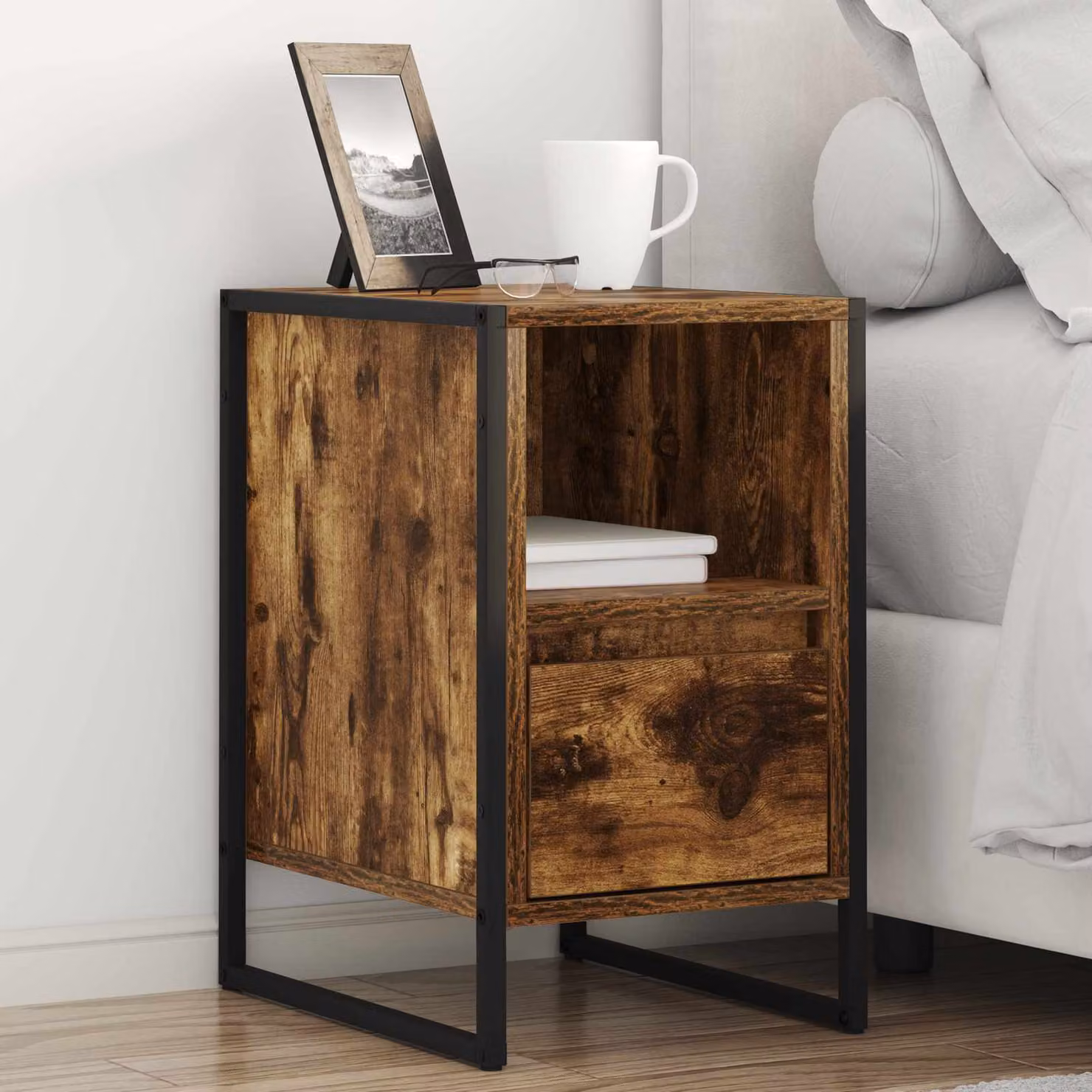 Set di 2 comodini vidaXL in stile industrial, colore Rovere Fumo, L 39,5 x P 30 x H 50 cm