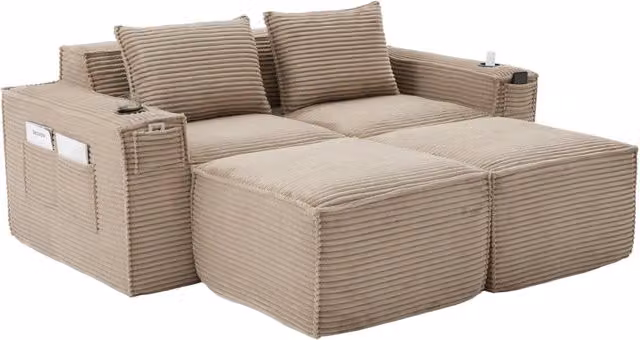 Divano modulare 2 posti in tessuto a coste con 2 pouf, portabicchieri e tasche laterali - imbottitura a molle e schiuma ad alta densità