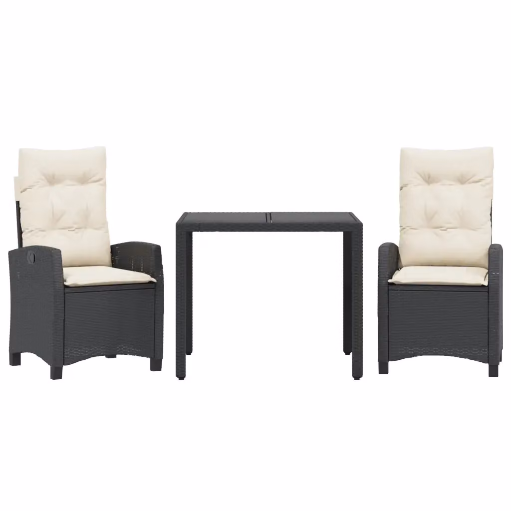 Set da Pranzo da Giardino 3 pz vidaXL in Polyrattan Nero con Cuscini e Tavolo in Vetro – 2