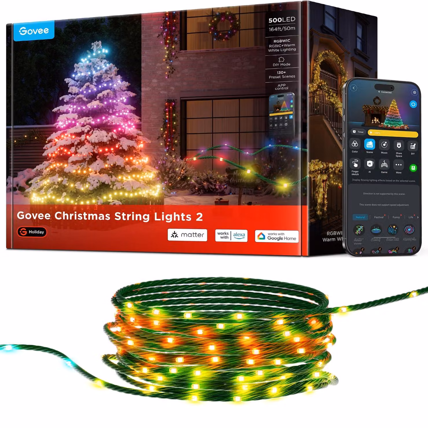 Catena luminosa intelligente con 500 LED, 50 metri, RGBICW, controllo tramite app, oltre 130 scene, compatibile con Alexa