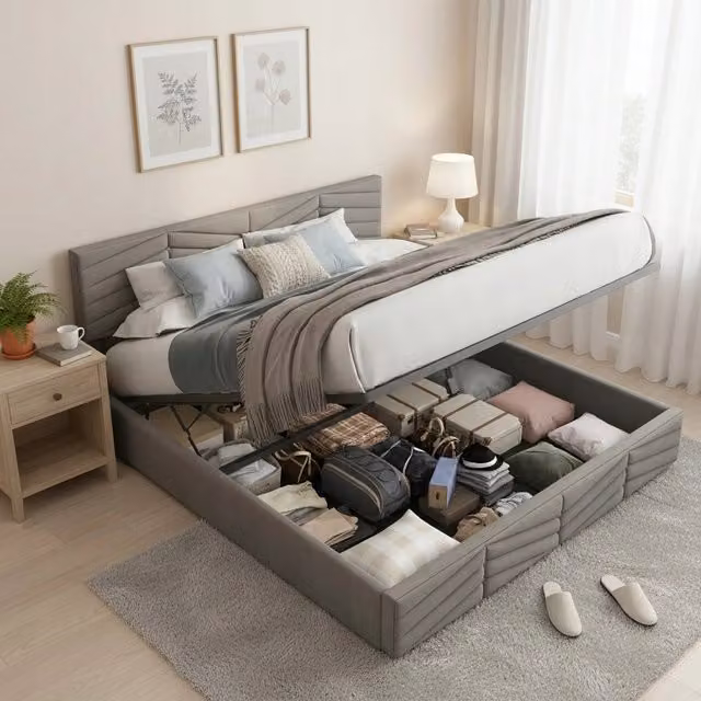 Letto imbottito 140x200 - Xylo - Grigio, velluto, meccanismo idraulico