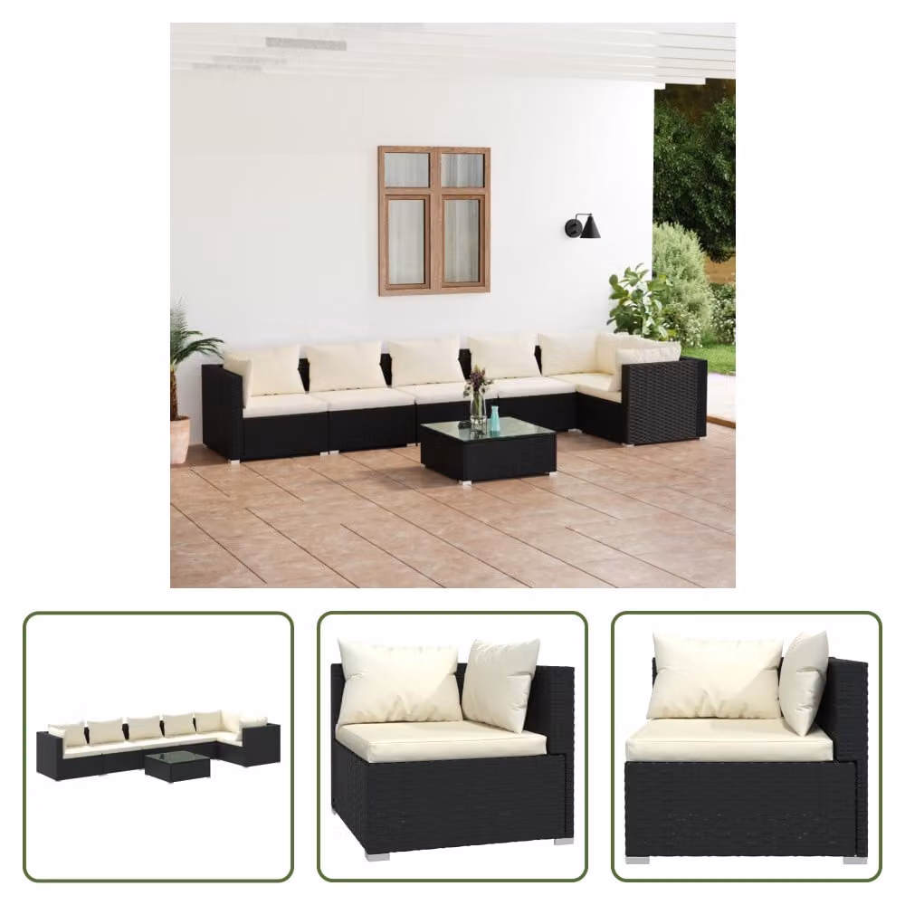 The Living Store Set da giardino 7 pezzi con cuscini in poly rattan nero