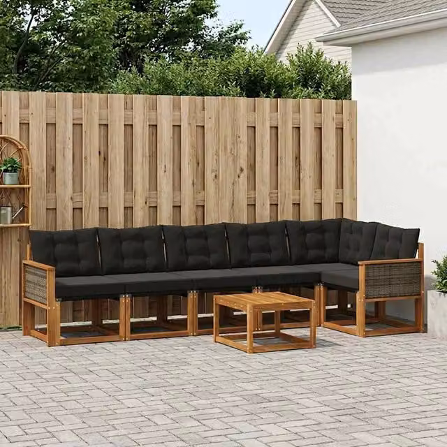 Set di divani da esterno a L con tavolino vidaXL, 7 pezzi in legno di acacia e tessuto textilene, marrone e nero