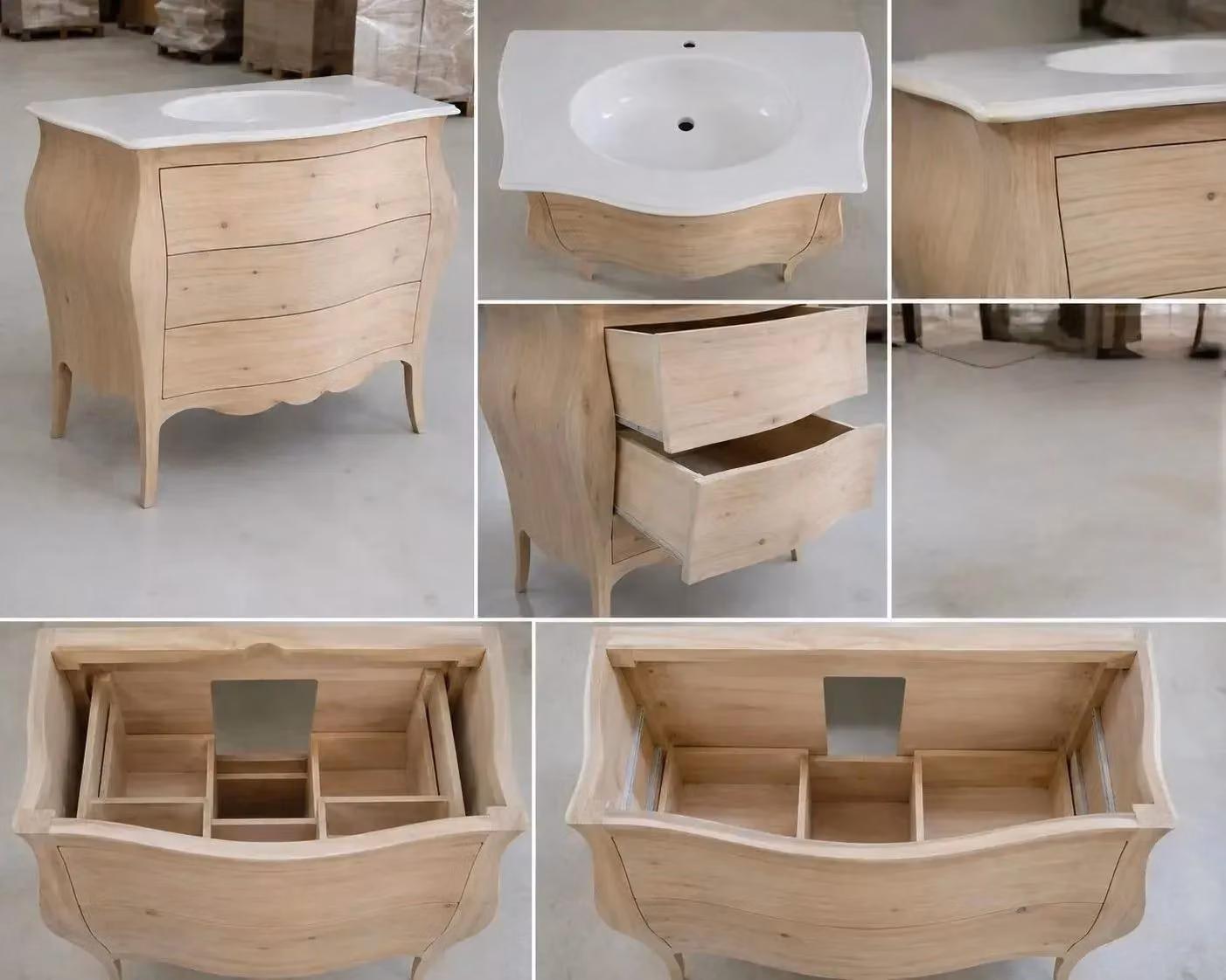 Mobile bagno bombato con 3 cassetti e lavello in legno grezzo bianco Mobili 2G L: 118 cm, P: 55 cm, H: 82 cm – 1