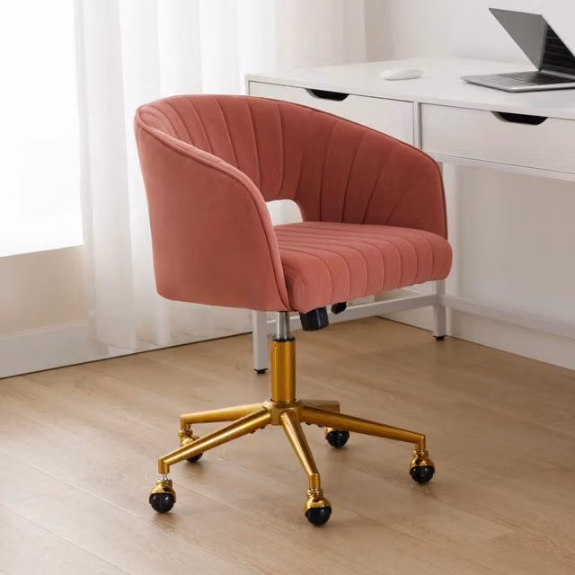 Sedia da ufficio girevole OKWISH in velluto rosa polveroso con altezza regolabile e base in metallo L: 53 cm, P: 53 cm, H: 120 cm