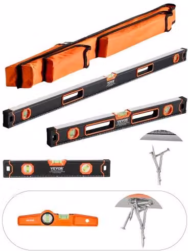 Livella a bolla magnetica VEVOR in lega di alluminio, modello torpedo da 250 mm, colore nero e arancione, con fiale a luce fluorescente per angoli di 45/90/180 gradi