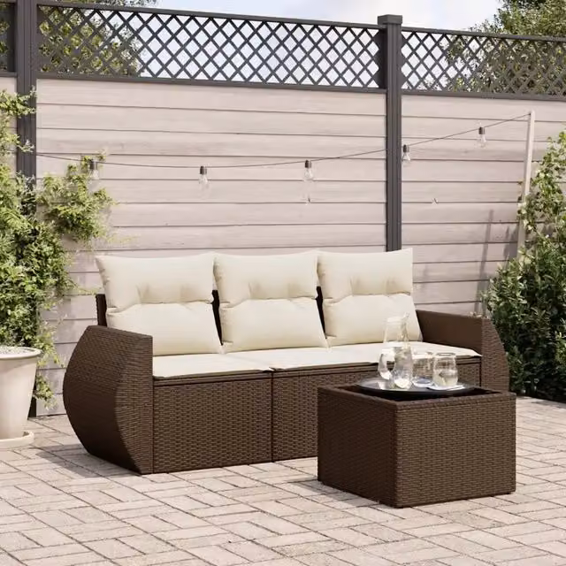 Set Divano da Giardino 4 pz con Cuscini-Sofa da Giardino-Divanetto da esterno Marrone in Polyrattan 756235