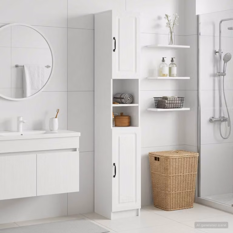 Armadio da bagno moderno vidaXL UTRECHT con ripiani interni e ripiano aperto Bianco Lucido L/P/H: 30 x 31 x 187 cm