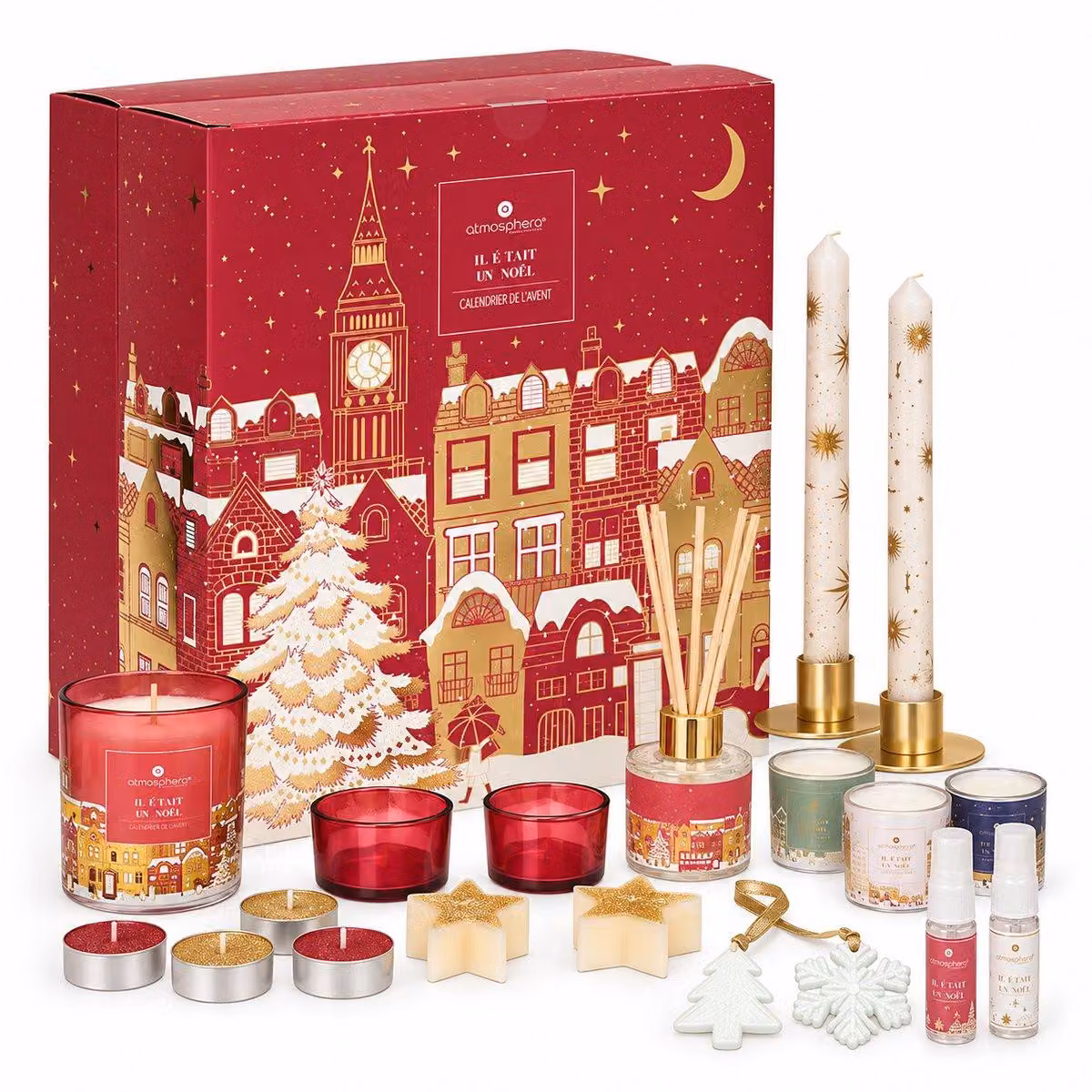 Calendario dell'Avvento con candele – 24 sorprese – Candele profumate e decorazioni natalizie – Colori: rosso e oro – Regalo per adulti