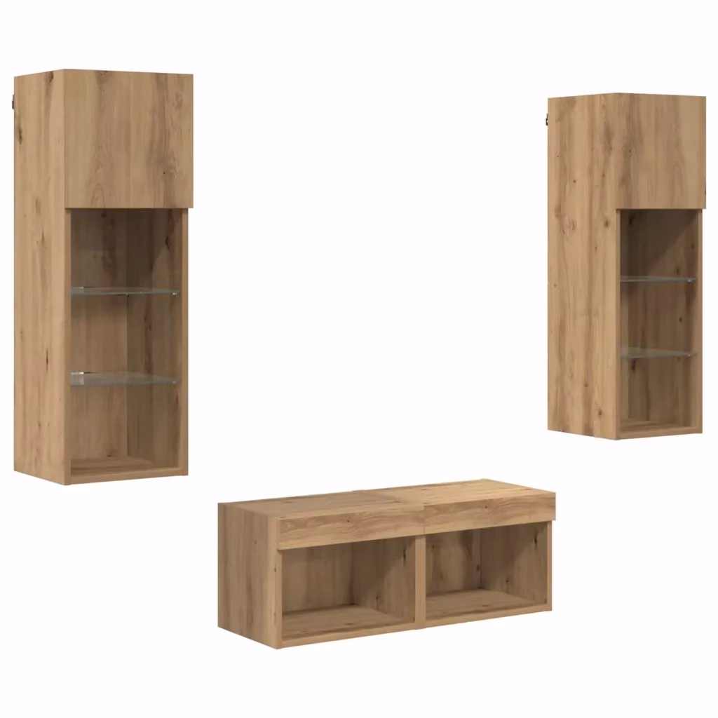 Set di 4 Mobiletti TV da Parete Moderni vidaXL in Legno e Vetro, Colore Rovere e Nero, L/P/H: 40 x 30 x 30 cm – 2