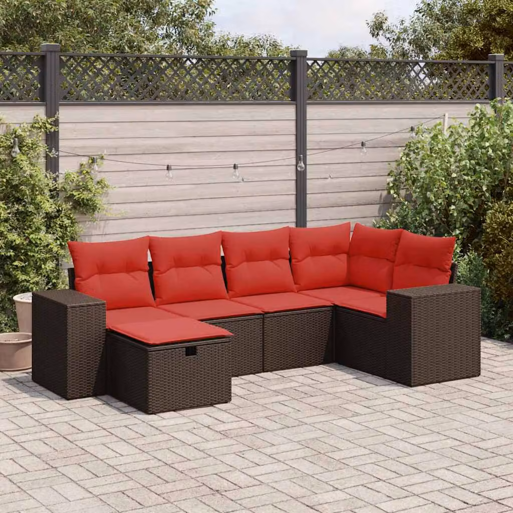Set Divano da Giardino a L vidaXL 6 pz con Cuscini Marrone e Rosso in Polyrattan e Metallo