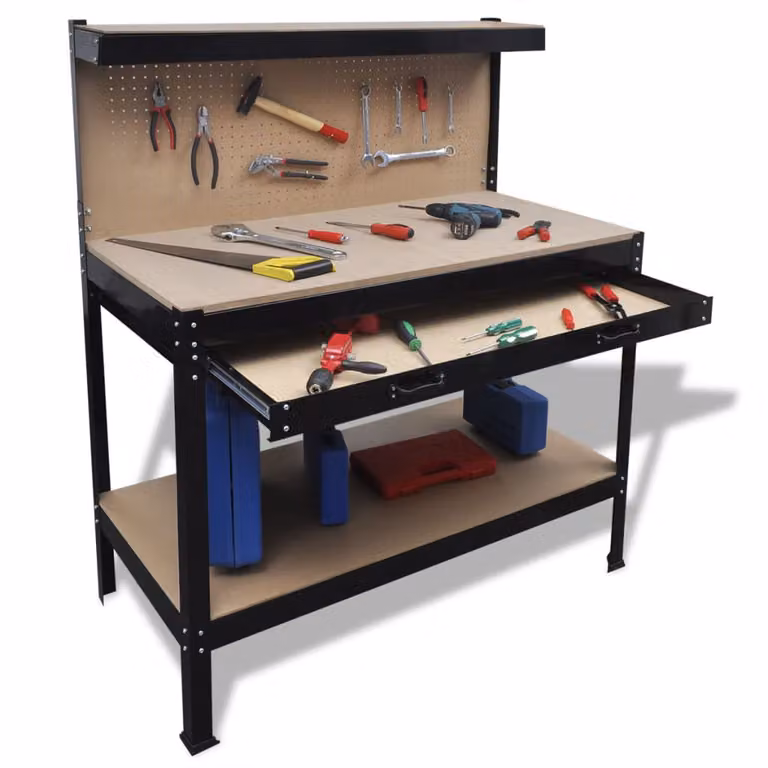 vidaXL Banco da Lavoro con Pannello Forato e Cassetto, Marrone e Nero, L/P/H: 150 x 55 x 115 cm