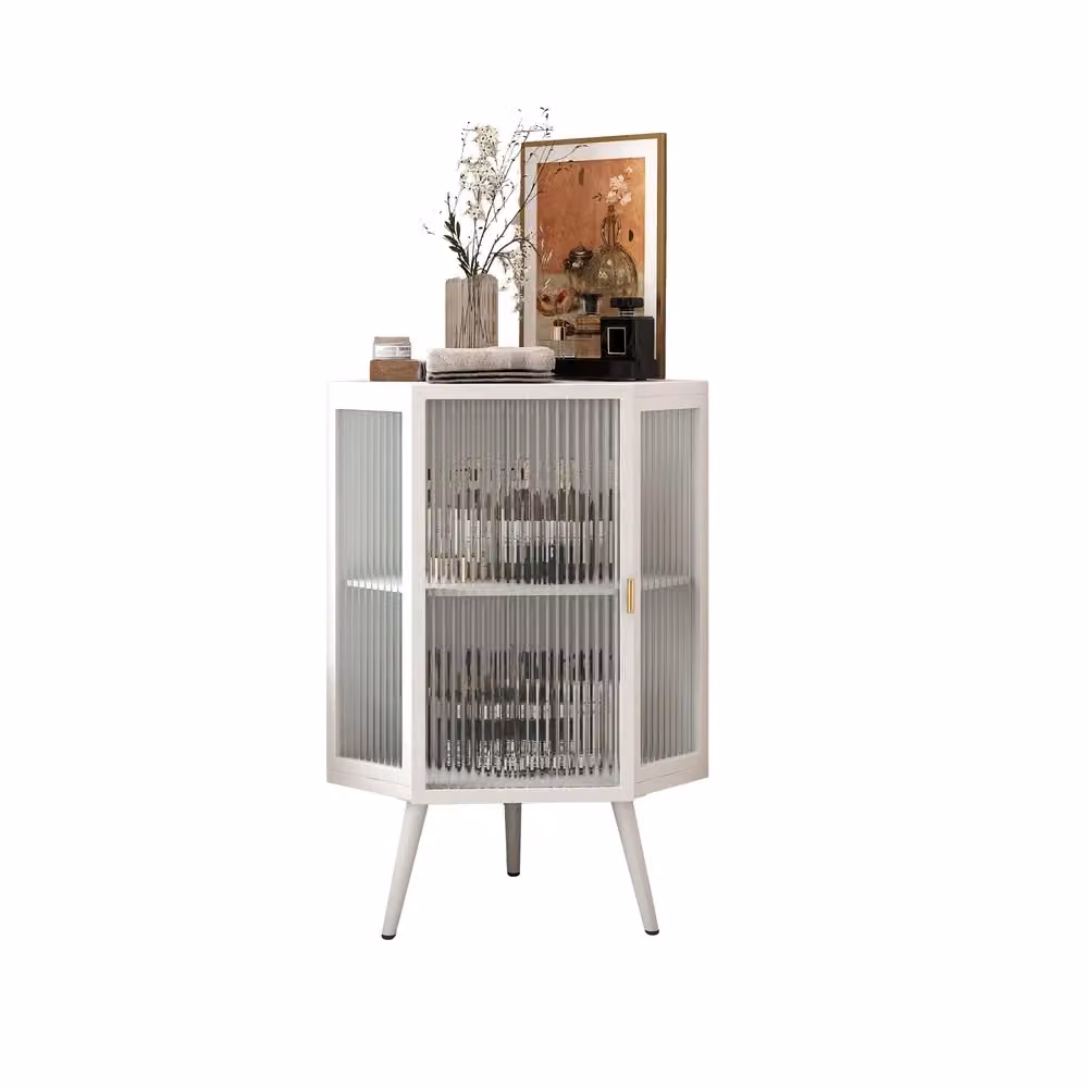 Mobiletto angolare da terra Minimal bianco con ante in vetro temperato e ripiani interni – 2