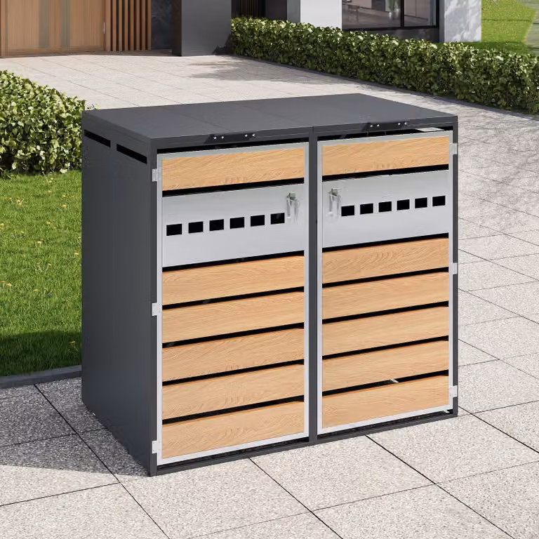 Flieks - Box per bidoni della spazzatura, rivestimento per bidoni della spazzatura (1 posto), armadio per bidoni da 2 pezzi da 120–240 L, box per bidoni della spazzatura con coperchio ribaltabile, 132x80x118,5 cm, grigio