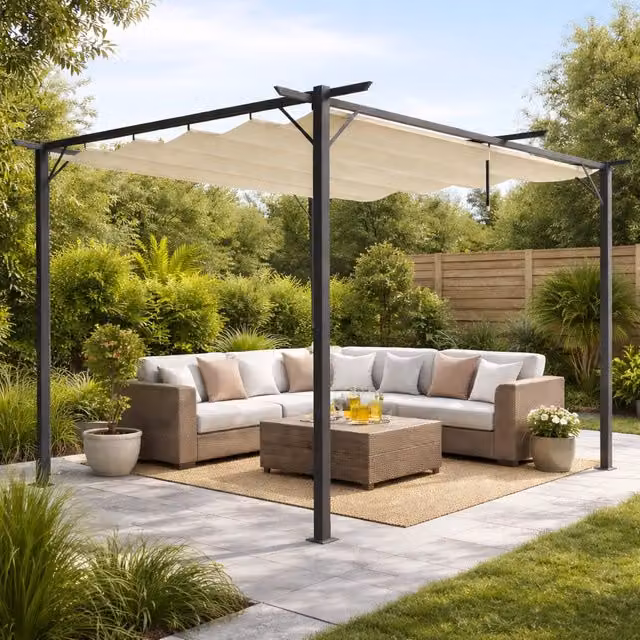 Pergola Gazebo Retrattile 3x3 Beige Anti UV Impermeabile da Giardino Esterno