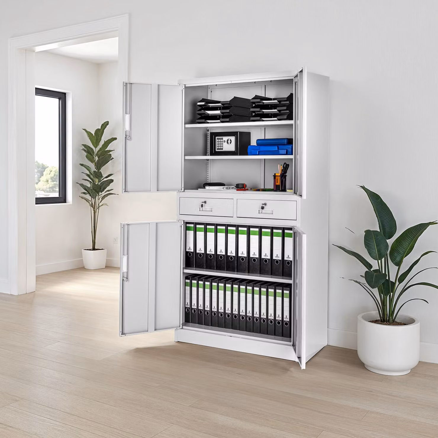 Armadio da ufficio Tectake in metallo lacca grigia con ante a battente, cassetti interni e ripiani regolabili, H 180 x L 80 x P 40 cm – 1