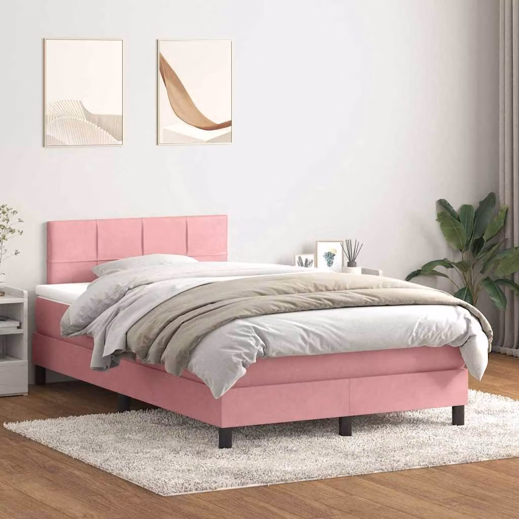 vidaXL Letto con Giroletto a Molle e Materasso Ibrido in Velluto Rosa e Bianco L/P/H: 120 x 223 x 88 cm