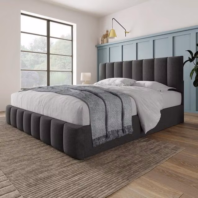 Letto matrimoniale imbottito idraulico 140x200 cm con testiera regolabile, rete a doghe in metallo e materasso in lino grigio