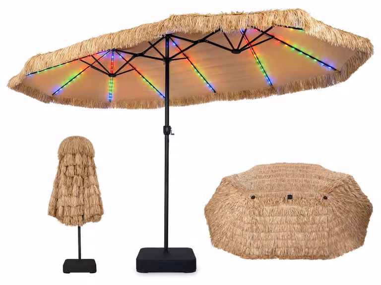 COSTWAY, ombrellone doppio con base e luci LED solari, 450x260 cm, ombrellone in paglia di PE stile hawaiano con 12 modalità di illuminazione, 2 opzioni di ricarica e manovella, ideale per l'uso in giardino