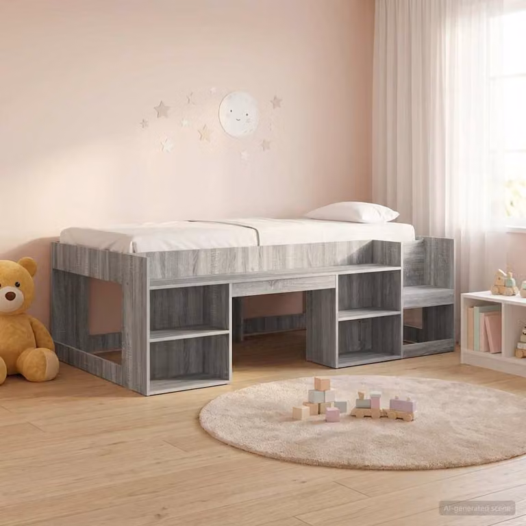 Letto singolo rialzato per bambini vidaXL con ripostiglio e scomparti laterali, grigio, L/P/H: 200 x 90 x 118,5 cm