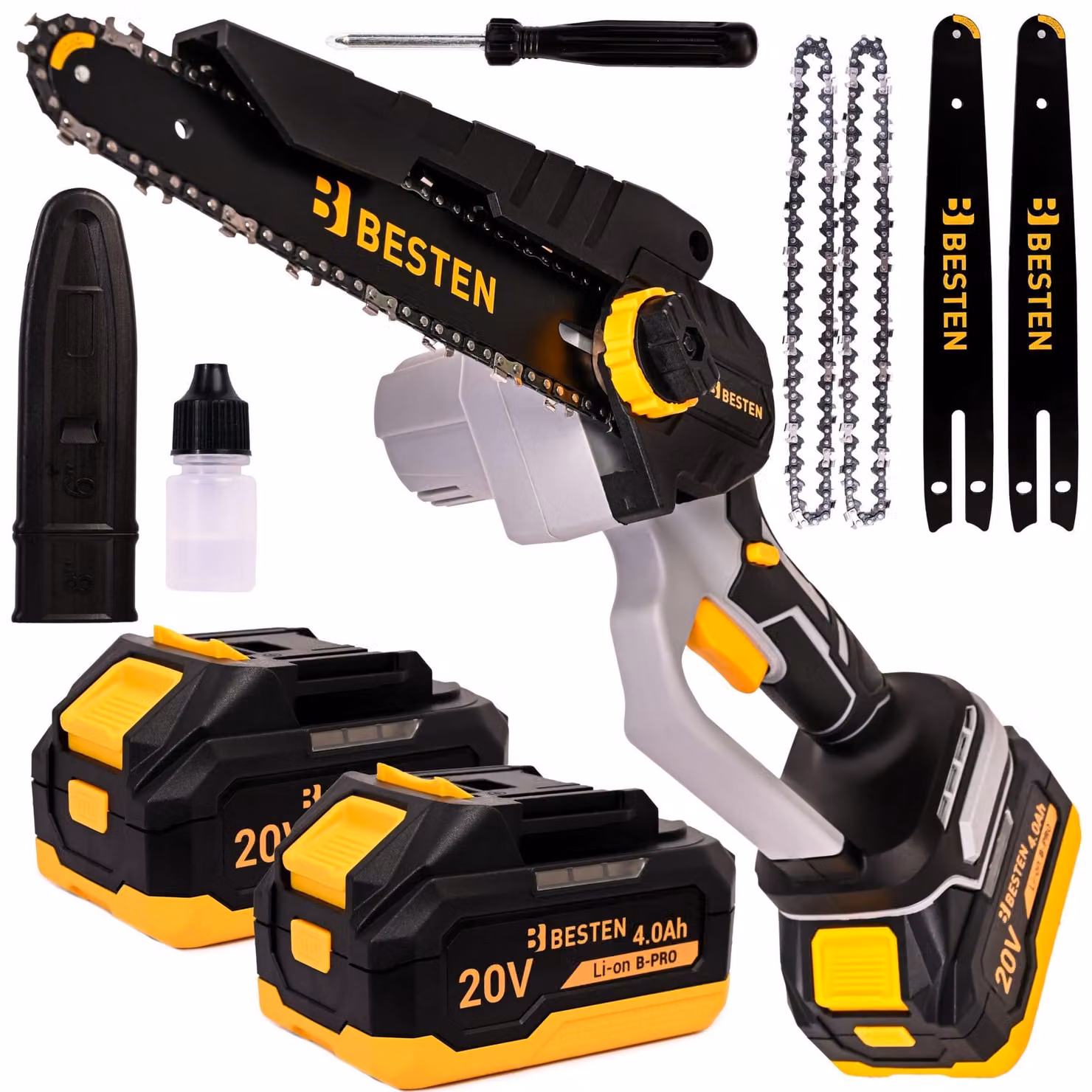 Motosega a batteria senza spazzole BESTEN 8" - lubrificazione automatica, tensionamento senza utensili, freno catena, batteria 2× 20V, valigetta, B-PRO