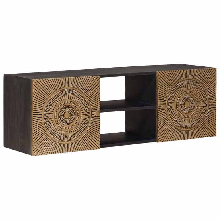 Mobile TV vidaXL in legno di mango con scaffale e dettagli ottone, colore oro e marrone, L 105 x P 30 x H 35 cm