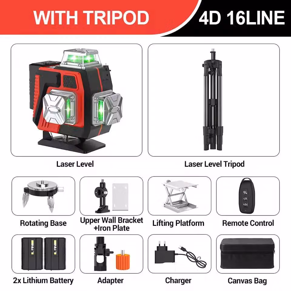 Livella laser - 4D, 16 linee - Autolivellante - 360° orizzontale e verticale - Raggio laser verde - Telecomando - Treppiede con custodia in tessuto - Batteria inclusa