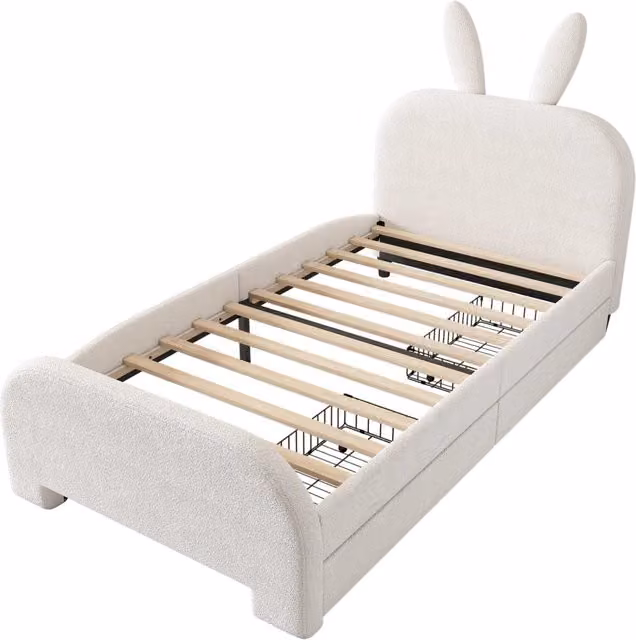 Letto per bambini 90x200 cm con testiera imbottita in lana, forma coniglio cartoon, 2 cassetti, bianco