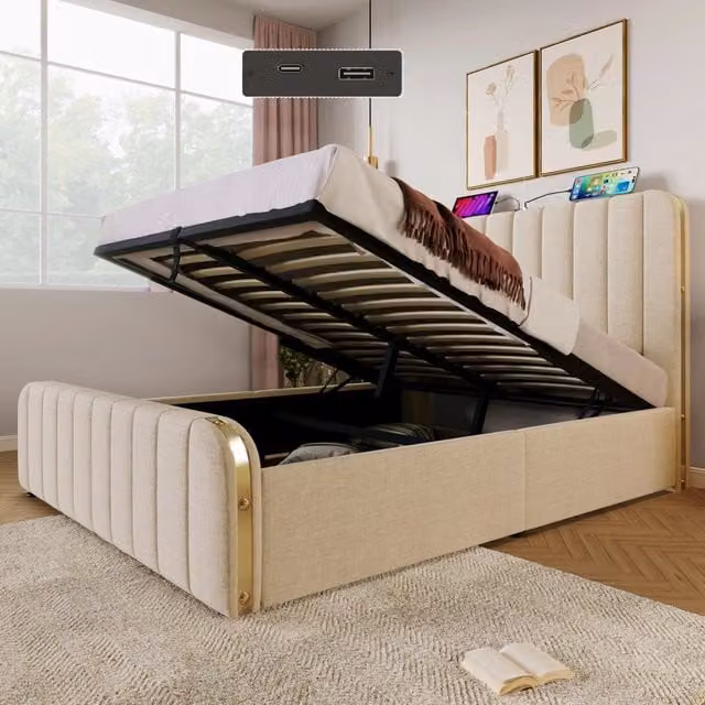 Letto matrimoniale – 140x200 cm – USBC idraulico portata 181 kg – lino beige