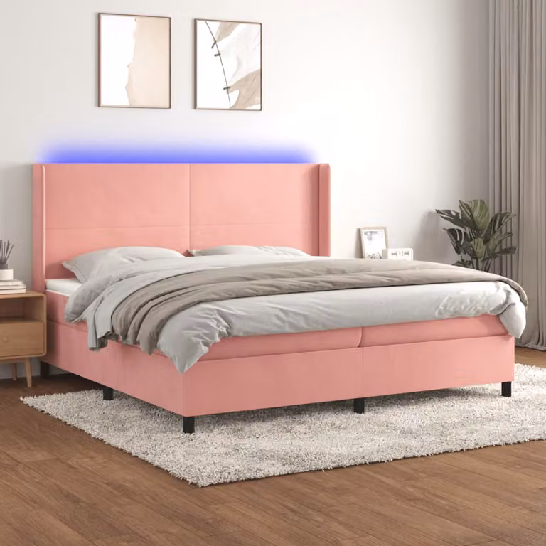 vidaXL Letto a Molle con Materasso e LED Rosa in Velluto con Porte USB L/P/H: 200 x 200 x 76 cm