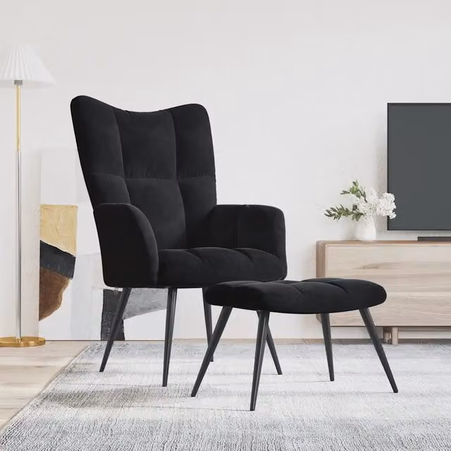 Poltrona Relax con Sgabello MERCATOXL in Velluto Nero con Struttura in Metallo – 1