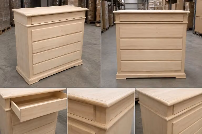 Cassettiera classica con 5 cassetti in legno grezzo Mobili 2G L: 127 cm, P: 52 cm, H: 117 cm