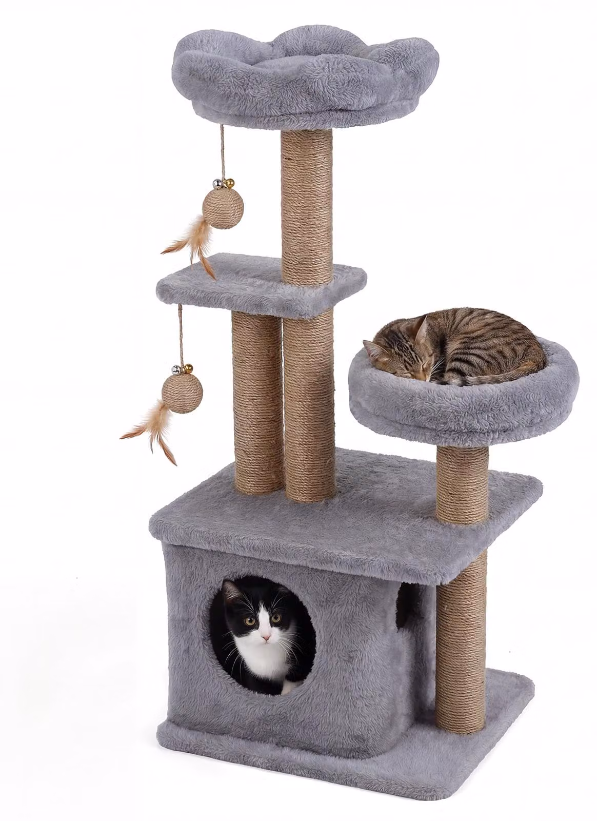 KOMFOTTEU, tiragraffi per gatti, 96 cm, con piattaforma a forma di fiore, cuccia, lettino, tiragraffi con 3 pali da graffio, 2 palline di peluche, torre per gatti multistrato, adatta a gatti di grandi e piccole dimensioni, colore grigio chiaro