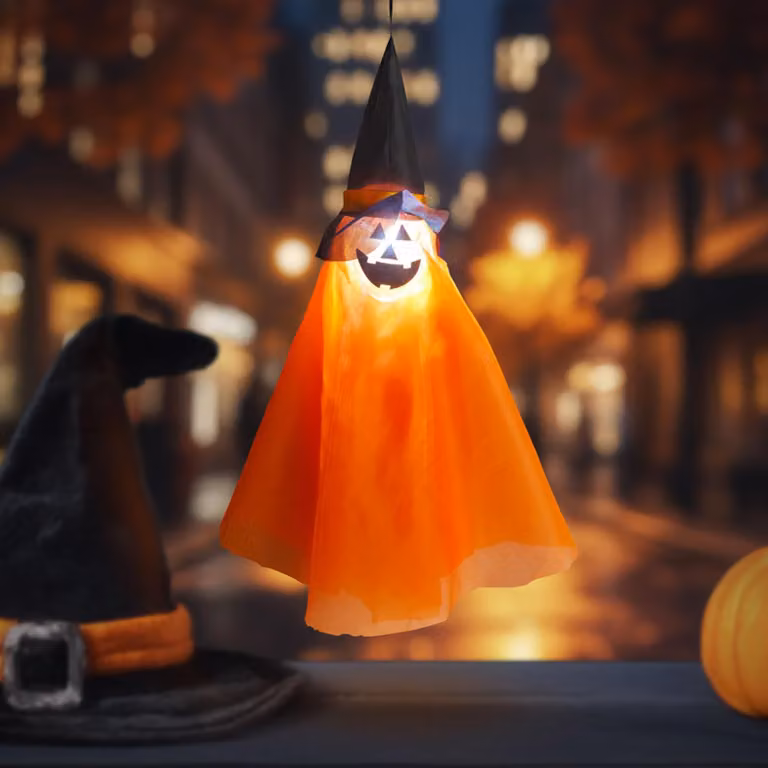 Decorazione luminosa per Halloween: zucca, da appendere, con LED RGB, dimensioni 70 x 50 cm