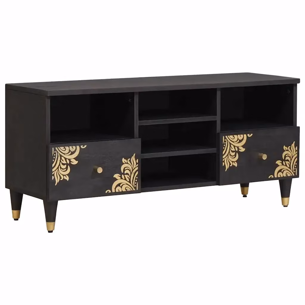 Mobile TV moderno Design In in legno di mango massello nero e oro L 100 x P 33 x H 46 cm – 2