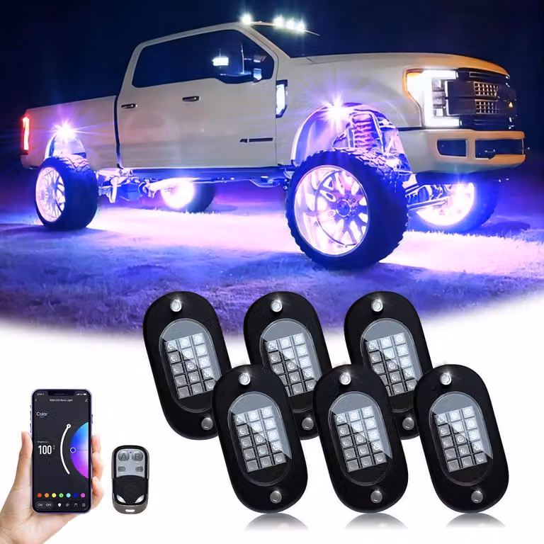 Kit di luci a LED RGB per auto, composto da 6 faretti da montare sotto il telaio, con controllo tramite app o telecomando, modalità musicale e grado di protezione IP68