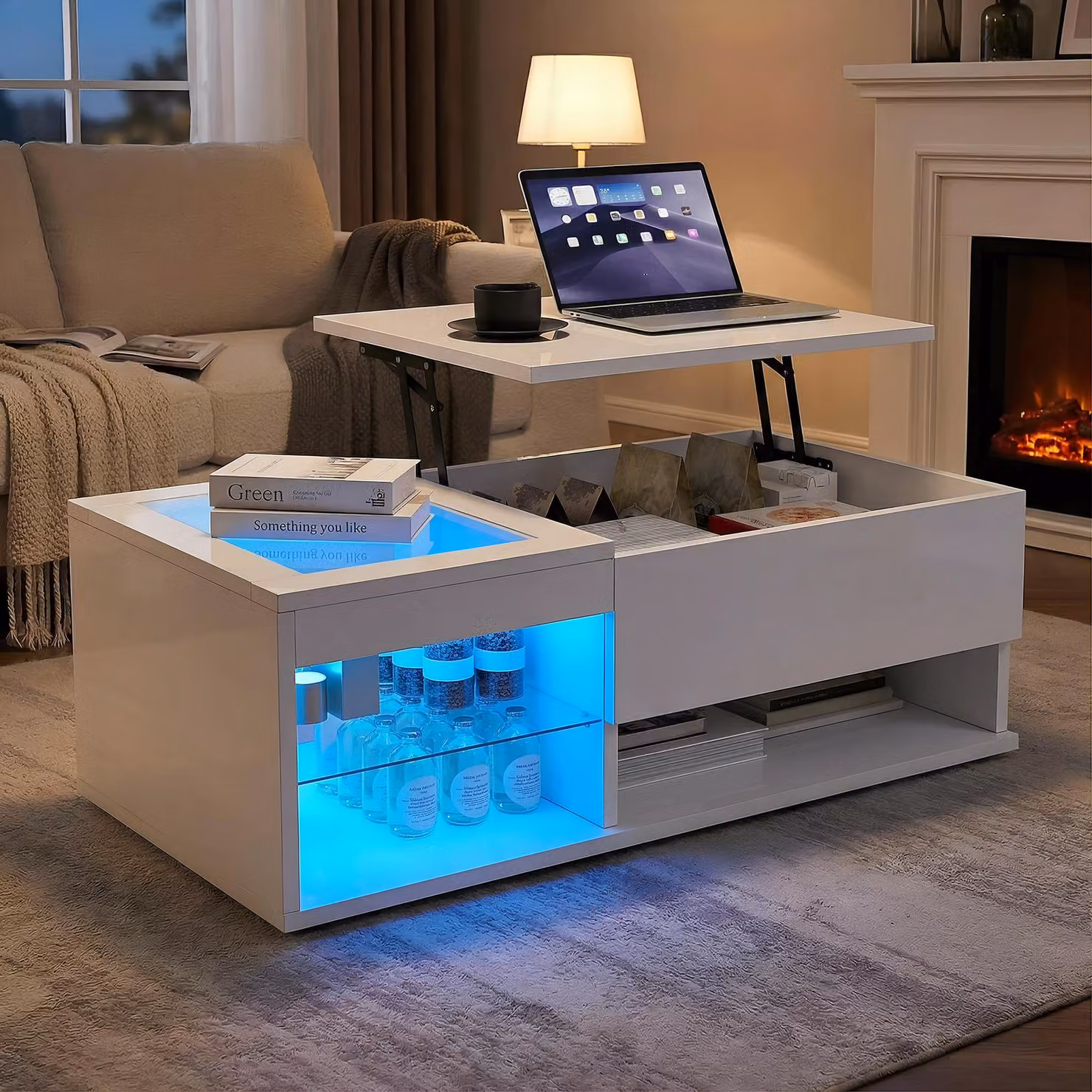 Tavolino UnboxG, bianco lucido, 100x55 cm, con piano ribaltabile, illuminazione LED, vano vetrina, ripiano aperto e spazio contenitivo, ideale per il soggiorno