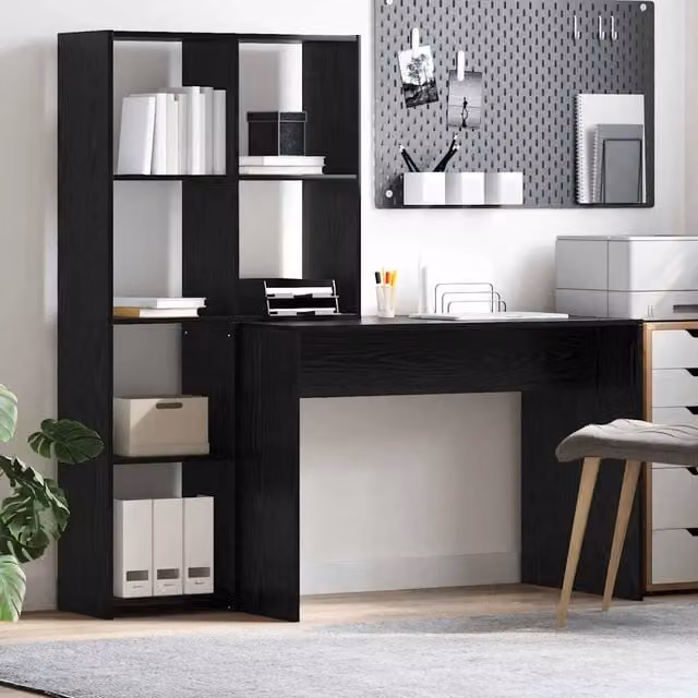 Scrivania moderna vidaXL in MDF laminato nero con finitura rovere L: 138,5 cm, P: 55 cm, H: 143 cm