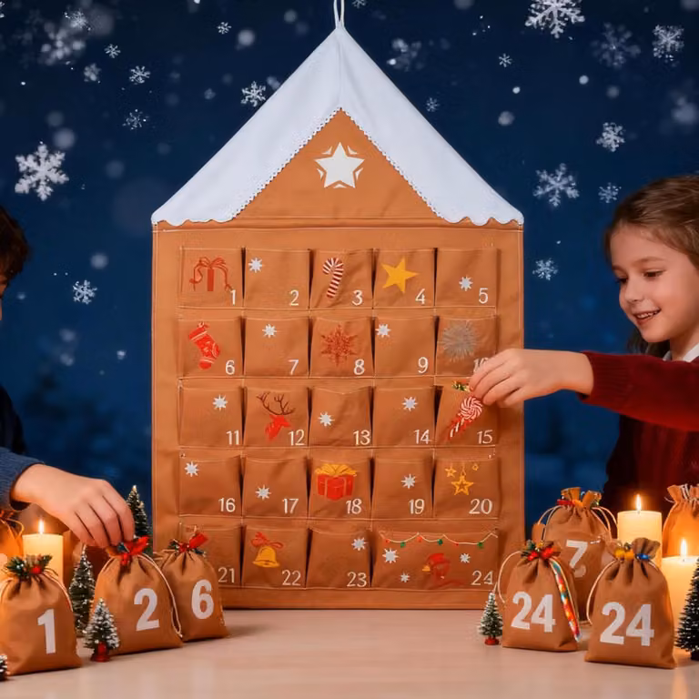Calendario dell'Avvento con tasche, riutilizzabile, conto alla rovescia di 24 giorni, sacchetto per appendere le decorazioni natalizie in casa,