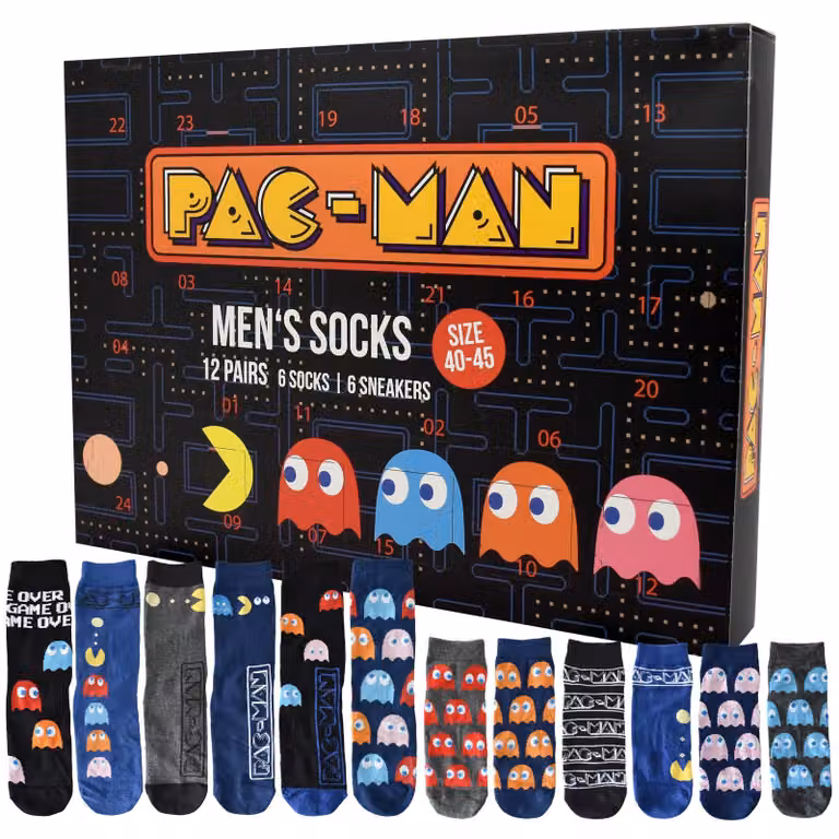 Calendario dell'Avvento a tema Pac-Man, con 12 paia di calzini, taglia 40-45