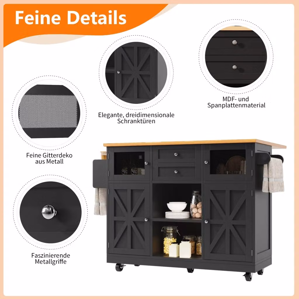 Carrello da cucina moderno REDOM nero con piano ribaltabile in MDF e metallo L/P/H: 140 x 70/40 x 93,5 cm – 2