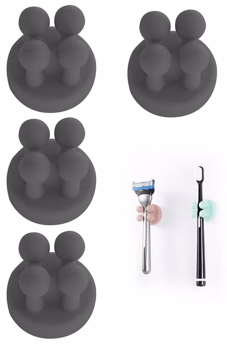 Portaspazzolini, 4 pezzi, in silicone, adesivi, gancio multifunzione, colore nero